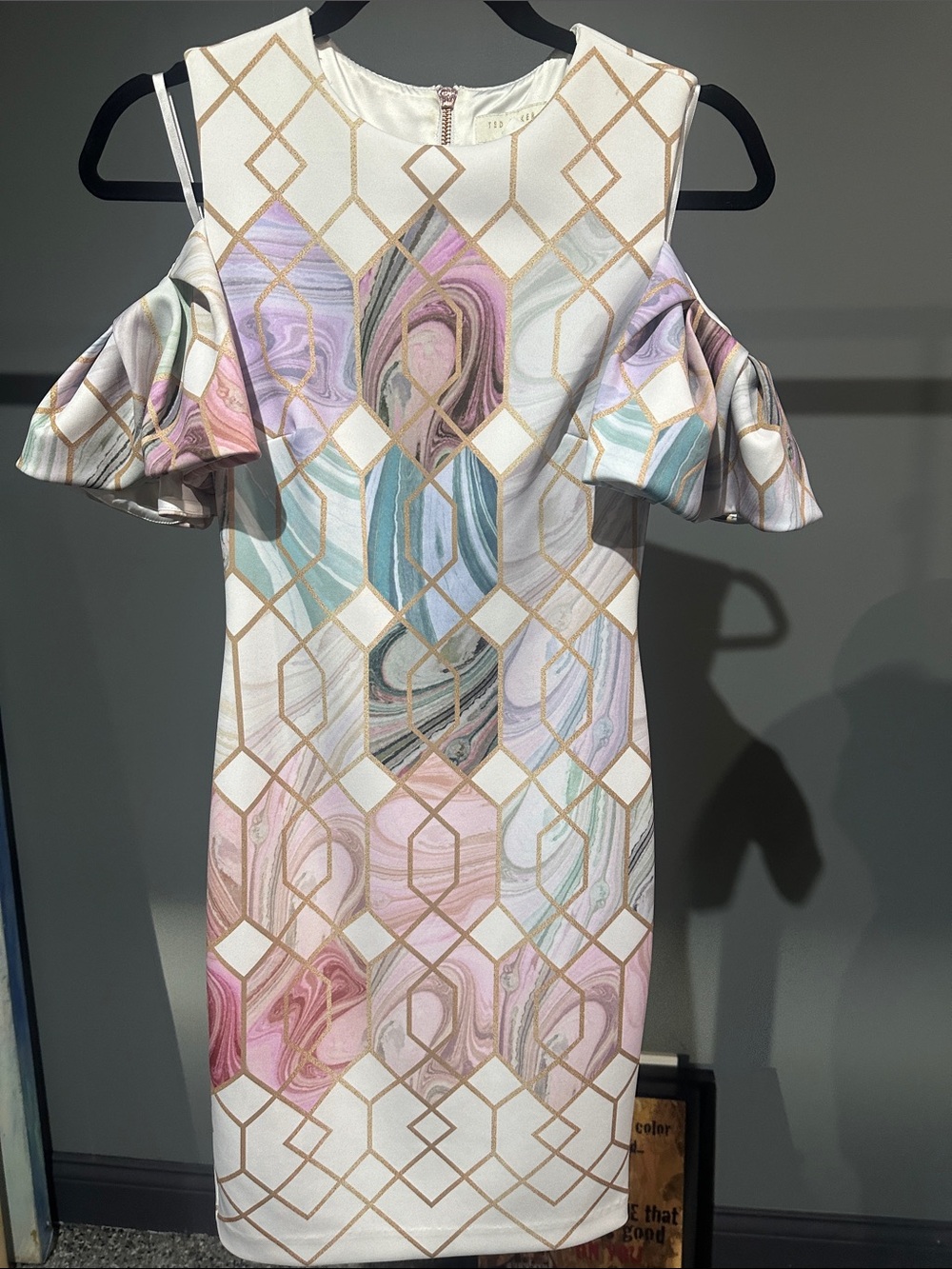 Ted Baker London Pastel Marble Cold-Shoulder Dress with Gold Geometric Print